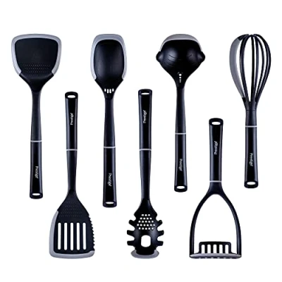 Imagen de Prestige Juego de 7 utensilios cocina 2 en 1 con bordes silicona que no rayan, resistentes al calor para proteger los antiadherentes, color negro y gris