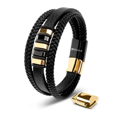 Imagen de SERASAR Regalos Hombre Pulsera de Cuero Oro 23cm Dorado Chico Pulseras Hombres Brazalete Brazaletes Pulso Muñequera Muñequeras Bisuteria Joyeria Nudos Cuerda Cuerdas Bracelet Men Jewellery