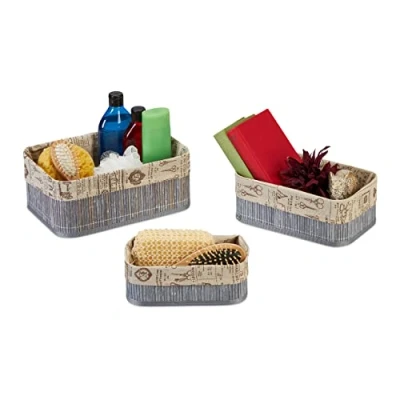 Imagen de Relaxdays Set 3 Cestas de Almacenaje, Cajas Organizadoras Bambú, Cajitas Baño o Pañuelos, Funda Tela, Gris y Beige, Tablero Fibras, 12 x 30 20 cm