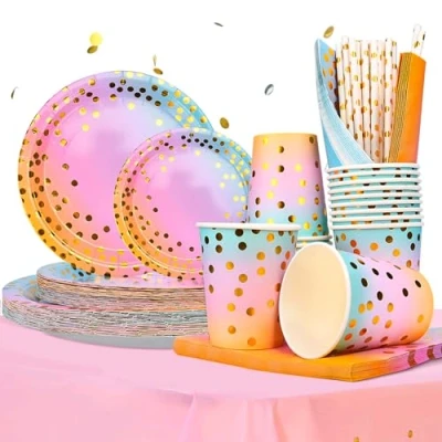 Imagen de TEGOVE Juego de 176 platos papel para fiestas,platos multicolor,incluye mantel,platos,vasos,servilletas,pajitas 25 invitados