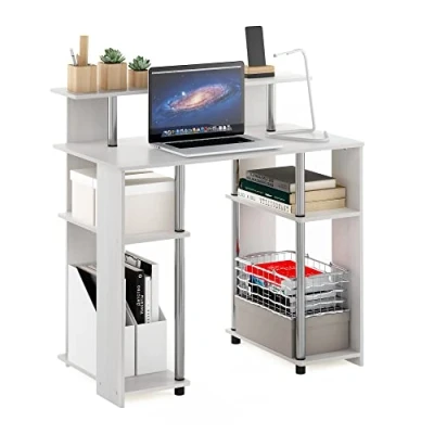 Imagen de Furinno Jaya Escritorio para computadora, Madera de ingeniería, Chêne Blanco/Acier Inoxydable, 51.49 (D) x 90.50 (W) 90.60 (H) cm