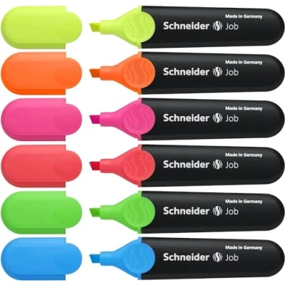 Imagen de Schneider Job 150 Rotuladores fluorescentes (rellenables y resistentes a la luz, 6 unidades), color amarillo, naranja, rosa, verde, azul rojo