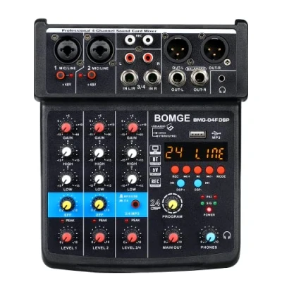 Imagen de BOMGE 04F Mezclador de audio para DJ 4 canales con MP3 / USB Bluetooth, 48 V 16 DSP estéreo/grabación eco, adecuado transmisión