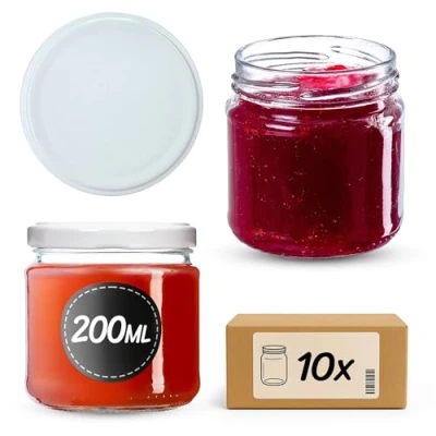 Imagen de KADAX Tarros Pequeños de 200 ml, Botes Cristal con Tapa Hermética 66 mm para Miel, Conservas, Especias y Mermeladas (10 Unidades, Blanco)