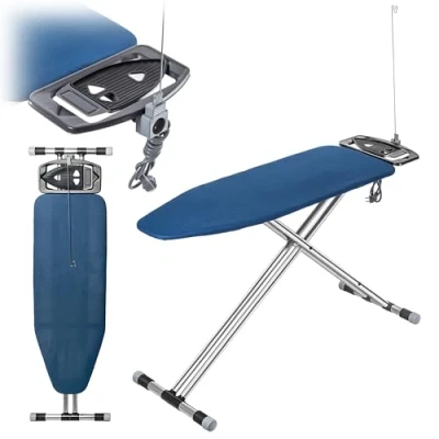 Imagen de KADAX tabla de planchar plegable aluminio 120 x 42 cm, con bandeja para plancha y soporte cables, altura ajustable enchufe (azul oscuro)