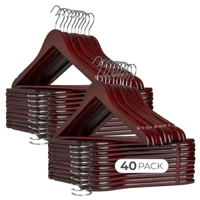 Imagen de COM FORT HOUSE Pack 40 Perchas de Madera Maciza Diseño Elegante con Garra para Trajes Gancho Giratorio Acero Inoxidable