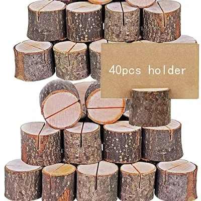Imagen de 40pcs Soportes Tocón Madera Natural Portanotas para Tarjetas Sostenedor Foto Nota Nombre Número Mensaje Decoración Mesa Boda Café Bar Restaurant
