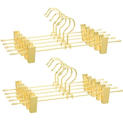 Imagen de SONGMICS 10 perchas de metal para pantalones, 31 cm, con 2 clips antideslizantes, faldas, ropa interior, perchas, ahorran espacio, inoxidables, giratorias 360, color dorado CRI046G01