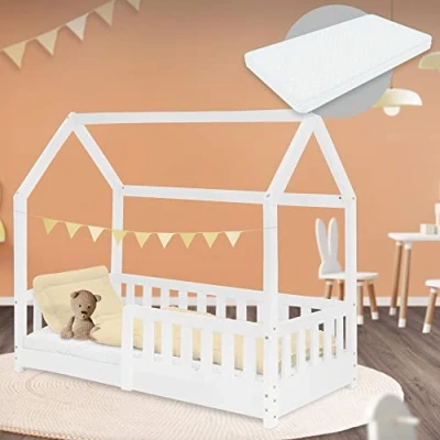 Imagen de ML Design Cama Infantil Blanca con Colchón De Espuma Fría 70x140 cm Protección Anticaída Techo Somier Estructura Listones Madera Maciza Pino para Niñas Y Niños Forma Casa Cuna Estable Juego