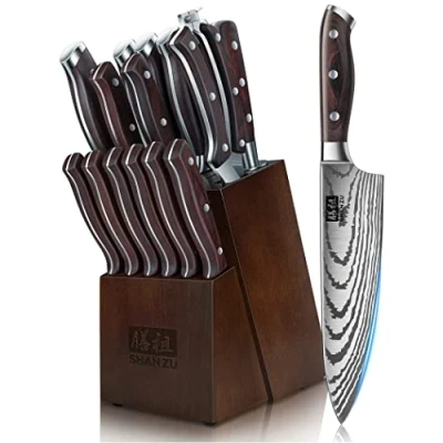 Imagen de SHAN ZU Cuchillos Cocina, 16 Piezas Set Profesional de Acero Inoxidable Alto Carbono Juego con Bloque Madera, Afilador, Cuchillo Chef, Santoku y Tijeras