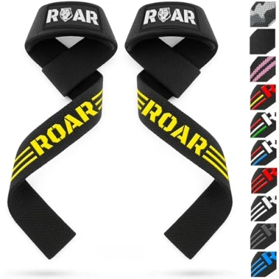 Imagen de Roar® Correas Levantamiento de Pesas Profesionales, Straps Powerlifting, Agarres para Gym, Agarraderas Gimnasio Peso Muerto, Crossfit Weight Lifting (Amarillo)