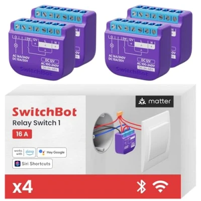 Imagen de SwitchBot Matter interruptor de relé 1, módulo inteligente, Wi Fi y Bluetooth compatible con Alexa/Apple HomeKit/Google Home, 2.4GHz, 16A Paquete 4