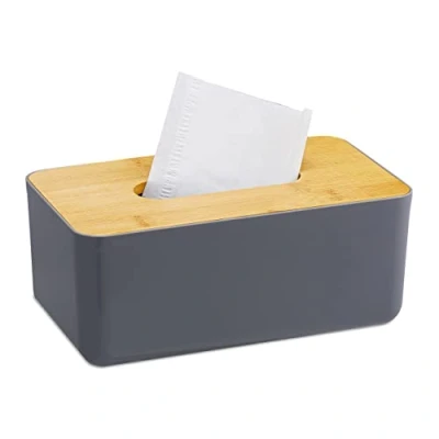 Imagen de Relaxdays 2 x Taschentuchbox mit Bambusdeckel Cajas de pañuelos rellenables, para baño, con Tapa bambú, plástico, 10 23 13 cm, Gris/Natural, 70% 30%, Antracita, Marrón Claro