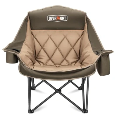 Imagen de OVERMONT Silla de Camping Plegable Grande 204kg Pesca Acolchada Resistente con Bolsa Térmica Portavasos Sillas Portátil para Exterior Acampada Jardín Playa Caqui