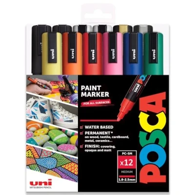 Imagen de Uni Posca PC 5 M, pluma de pintura Art Marker Pen Juego profesional 12 extra negro + blanco