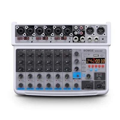 Imagen de BOMGE Mini mezclador de audio 8 canales, CC 5 V, con reproductor MP3, Bluetooth, U disk 48 efectos 24DSP, grabación USB, ideal para clubes pequeños o bares, estudio (8 canales