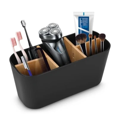 Imagen de Toaren Soporte Organizador Cepillos Dientes,Particiones de Bambú Porta Cepillo Dientes,Portacepillos Dientes Eléctrico,Soporte Vaso para y Pasta 5 Compartimentos Familia,Niños