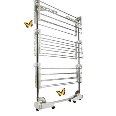 Imagen de Tendedero de Ropa Plegable Vertical,Tendedero Tipo Torre Tres Estante con Cuatro Ruedas, Espacio Secado, Capacidad para 15 KG (Tres Capas Plata)