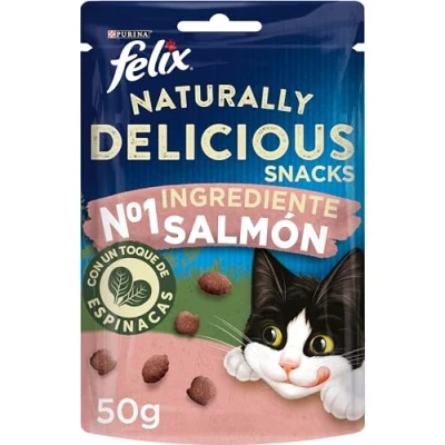 Imagen de Purina Felix Naturally Delicious, Snacks, Premio para Gato con Salmón, 8 Bolsas de 50g