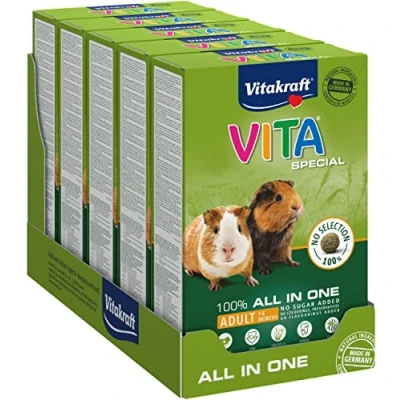 Imagen de Vitakraft Vita Special All Ages, alimento principal para cobayas, con hierbas y pastos, una digestión óptima, sin azúcares añadidos ni cereales (5x 600g)