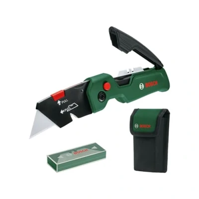 Imagen de Bosch Navaja plegable Premium (compacta; acero inoxidable; apertura con una sola mano; cambio rápido de hoja; clip sujeción al cinturón; 13 hojas; bolsa almacenamiento) edición Amazon
