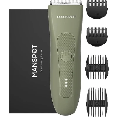 Imagen de MANSPOT Afeitadora Corporal Masculina, Depiladora Hombre con Cuchilla de Cerámica Desmontable, IPX7 Resistente al Agua, Seco y Húmedo, para Barba, Axilas, Pecho, Piernas Genitales