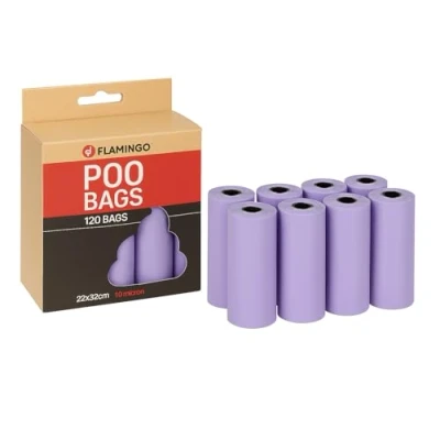 Imagen de Bolsas caca perro 120 unidades biodegradables resistentes y eficaces púrpura pastel Flamingo