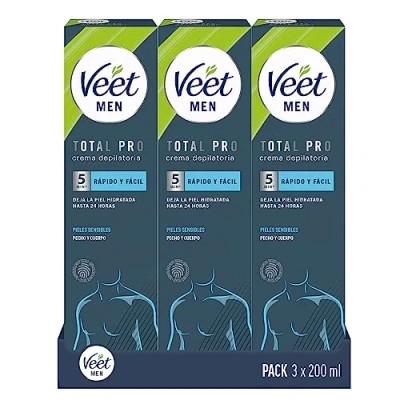 Imagen de Veet Men Crema Depilatoria Masculina para Pecho Espalda Brazos y Piernas, Pieles Sensibles, 3 x 200ml