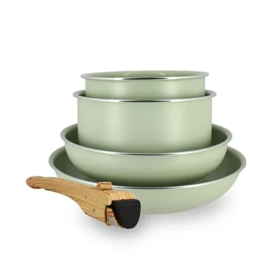 Imagen de Menastyl Batería de cocina 5 piezas celadon Aluminio reciclado 2 sartenes 22 cm y 26 + ollas 16 18 1 mango extraíble todo tipo fuego, incluida inducción 6020589