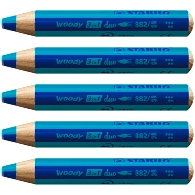 Imagen de STABILO Lápiz de color, cera y acuarela woody 3 en 1 duo Mina bicolor Caja con 5 unidades Colores azul ultramarino/turquesa