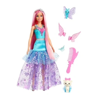 Imagen de Barbie Muñeca Malibú hada con dos mascotas fantasía, pelo rosa, accesorios para peinar, alas y vestido de estrellas, la serie Un toque magia, juguete +3 años (JCW48)