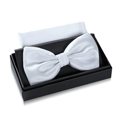 Imagen de Massi Morino Pajarita blanca con pañuelo para hombre Set traje de caballero boda ajustable color blanco