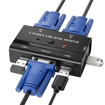 Imagen de Jancane KVM Switch, 2 Puertos Conmutador KVM,2 PC 1 Monitor VGA para un de Video Piezas y 3 Dispositivos USB, Compartir Teclado, Raton, Escáner, Impresora, Incluye Cables USB