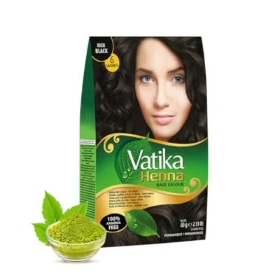 Imagen de Vatika Henna Tinte para el cabello, color negro rich black, 100 % libre de amoníaco, 60 g (6 bolsitas 10 g)