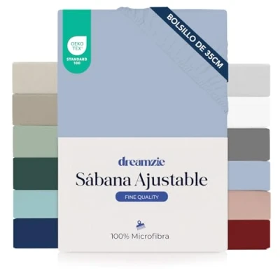 Imagen de Dreamzie Sabanas 80x190/200 cm Esquinas de 35 para Colchones Gruesos 100% Microfibra, Azul, Certificada sin Productos Químicos (Oeko Tex), Bajeras Completamente Elásticas