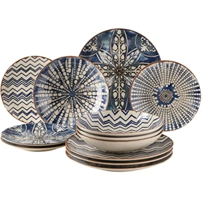 Imagen de MÄSER 934017 Ibérico Blue Vajilla de 12 piezas para 4 personas en estilo morisco, juego platos con diferentes patrones vintage blanco y azul, gres