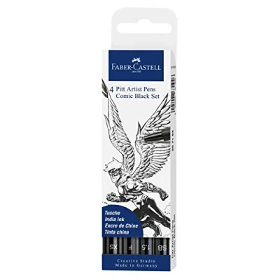 Imagen de Faber Castell Creative Studio Pitt Bolígrafo de tinta india, color negro, paquete 4, para arte, manualidades, dibujo, bocetos, hogar, escuela, universidad, colorear