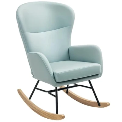 Imagen de HOMCOM Mecedora Tapizada en Tejido Técnico Silla con Patas de Madera Haya Respaldo Diseño Curvo y Reposabrazos para Lactancia Carga 150 kg Dormitorio Salón Verde Claro