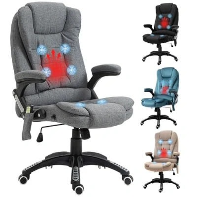 Imagen de Vinsetto Silla de Masaje con 6 Puntos Oficina Giratoria Escritorio Función Calefacción Altura Ajustable Control Remoto y Reposacabezas Tejido Tacto Lino Gris