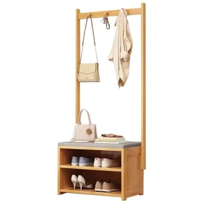 Imagen de angelfanmily perchero de pasillo bambú, con banco almacenamiento zapatos, diseño 4 en 1, árbol ganchos extraíbles, barra ropa, para pasillo, entrada