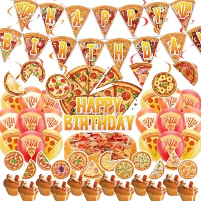 Imagen de Decoraciones para fiestas de pizza, incluye pancarta feliz cumpleaños, remolinos colgantes, decoración tartas, cupcakes, globos accesorios fiesta cumpleaños