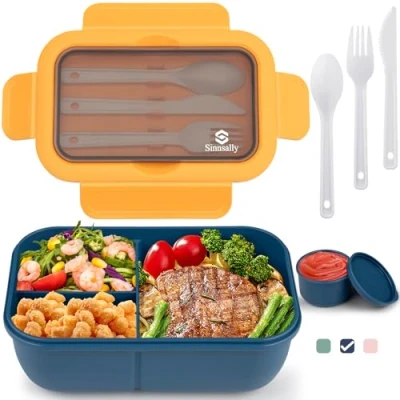 Imagen de Fiambrera,1250ml Lunch Box caja bento a prueba de fugas para niños adultos,recipiente alimentos con 3 compartimentos y juego cubiertos,lonchera comidas aptos microondas lavavajilla