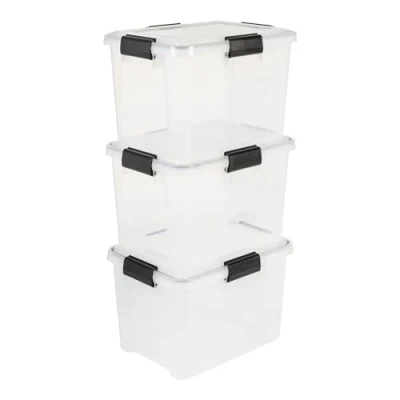 Imagen de Iris Ohyama 3 Cajas herméticas de plástico con tapa y cierres a presión, 20L, Transparente, sello impermeable, apilables, antipolvo, para ropas, camping, exteriores, cubo almacenaje, box, DDAT SD