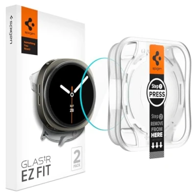 Imagen de Spigen Glas.tR EZ Fit Protector Pantalla para Samsung Galaxy Watch8, 44mm, 2 Unidades, Instalación Fácil, No compatible con fundas, Alta Definicion, Tacto preciso, Dureza 9H