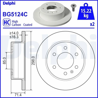 Imagen de DELPHI BG5124C Disco de freno 298 16 6 macizo revestido altamente carbonizado sin cojinete rueda, anillo sensor ABS