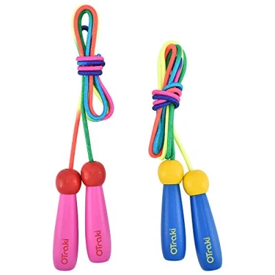 Imagen de OTraki Cuerda Saltar 2 Pack para Niños de 2M Ajustable con Mango Madera y Vistoso Comba Algodón Todas Las Edades Actividad al Aire Libre Rosa Azul