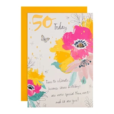Imagen de Hallmark Tarjeta de 50 cumpleaños, diseño floral clásico en relieve