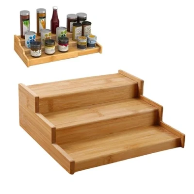 Imagen de Wisebom Especiero Extensible de 3 Niveles Bambú Organizador Estante Especias Soporte Botes Especias, Madera Natural para Armario Cocina