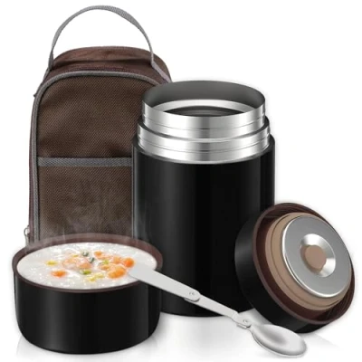 Imagen de Termo Comida Caliente 801ml, Termos para Acero Inoxidable Termico Recipiente con Bolsa Aislada e Cuchara Plegable, Solidos y Líquid, Negro