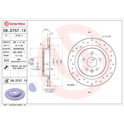 Imagen de BREMBO Disco de freno OPEL: Astra K Hatchback, Sports Tourer 288mm 12mm 5 macizo, perforado revestido 08.D757.1X 13509120,13515914